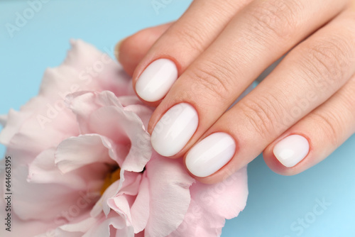 Woman with white nail polish touching pink eustoma flower on light blue background, closeup