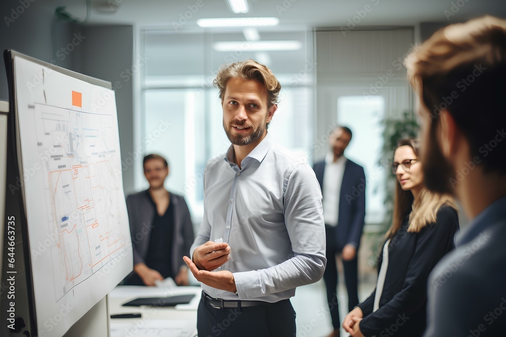 A young male corporate employee explaining his plan in front of a team of experts planning a project in the office. generative AI A young male corporate employee explaining his plan in front of a team of experts planning a project in the office. generative AI