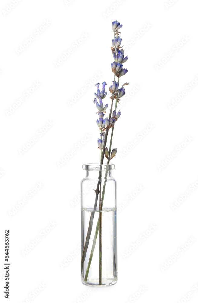 Bottle with essential oil and lavender isolated on white