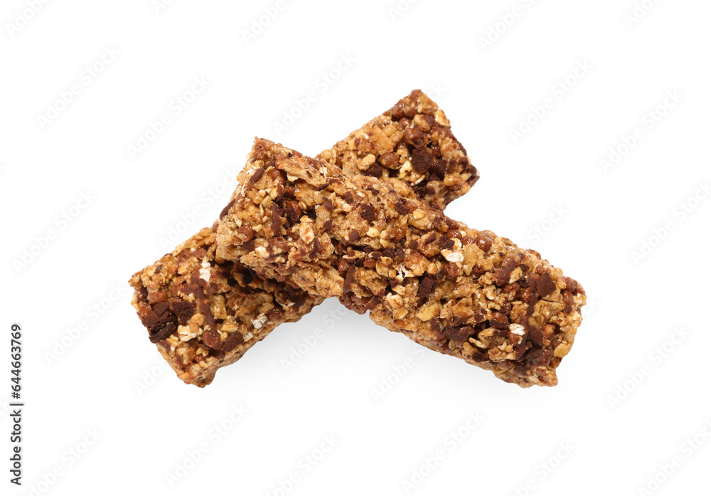 Two tasty granola bars isolated on white, top view Two tasty granola bars isolated on white, top view