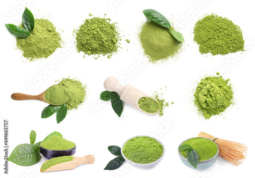 Set with green matcha tea powder isolated on white