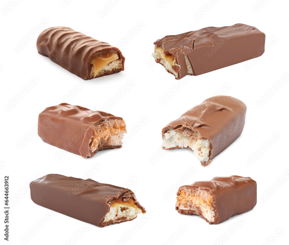 Set with many yummy chocolate bars isolated on white Set with many yummy chocolate bars isolated on white