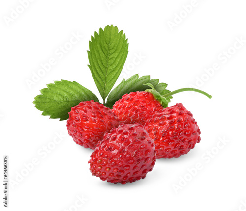 Fresh ripe wild strawberries with green leaves isolated on white