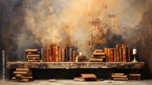A warm grungy brick wall interior with books. Generative AI. 