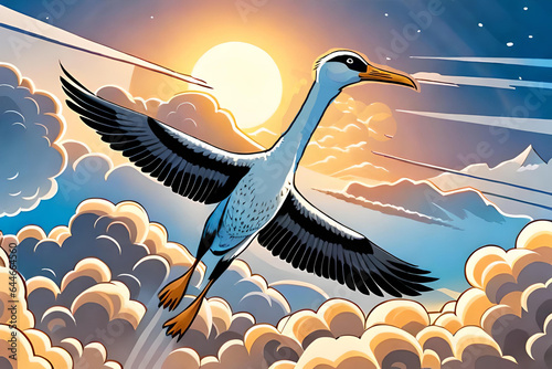 A bird in flight flapping its wings above the clouds during the day. Comic style Generative AI