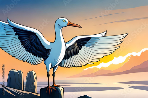 A bird was flapping its wings while staring intently ahead at the rock. Comic style Generative AI
