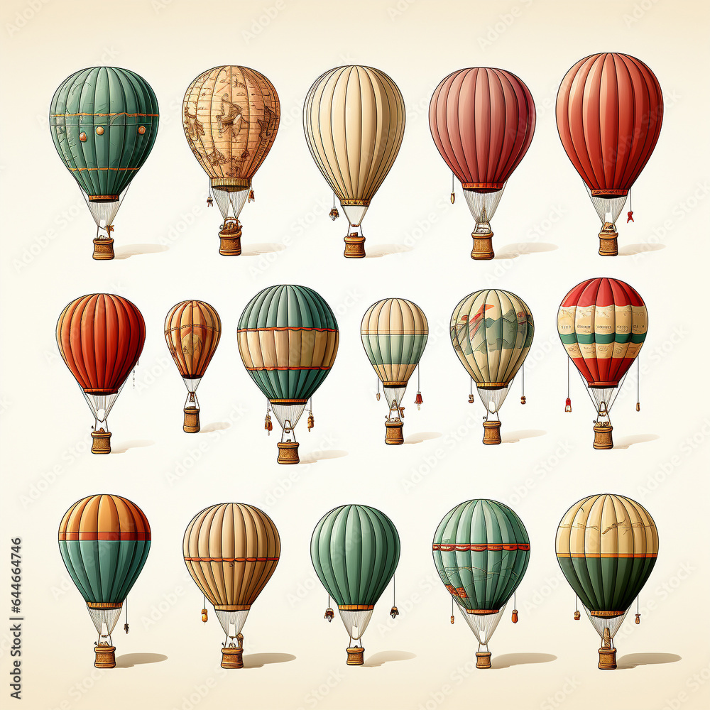 A professional digital art illustration hand painted style of hot air balloons clipart collection on white background. 