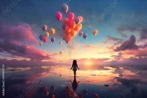 a little girl hold some colorful balloons standing in the middle of the freeze lake in northern, from behind, reflection, fine art style, dreamy light,