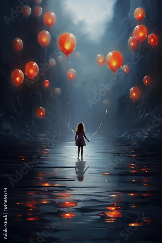 a little girl hold some colorful balloons standing in the middle of the freeze lake in northern, from behind, reflection, fine art style, dreamy light,