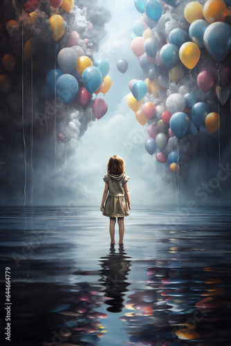 a little girl hold some colorful balloons standing in the middle of the freeze lake in northern, from behind, reflection, fine art style, dreamy light,