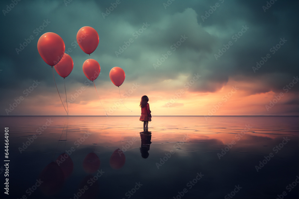 a little girl hold some colorful balloons standing in the middle of the freeze lake in northern, from behind, reflection, fine art style, dreamy light,