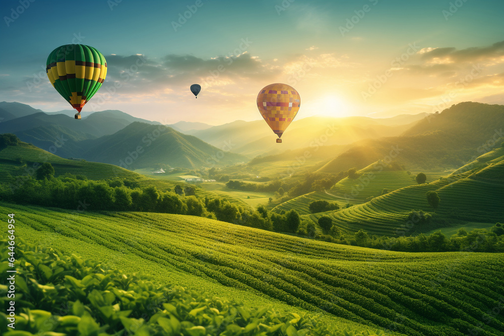 hot air balloons fly over green tea fields at sunset. 
