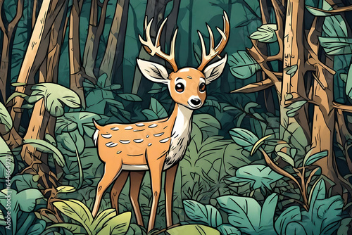 A deer was walking in search of food among the bushes in the jungle. Comic style Generative AI