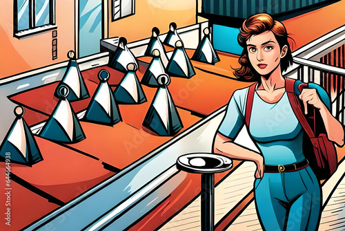 A beautiful female college student holding a side bag is waiting for someone. Comic style Generative AI