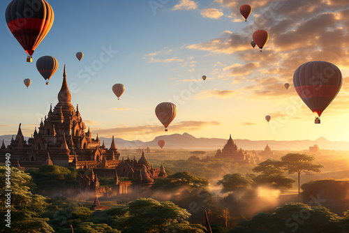 Several hot air balloons fly over Bagan, Myanmar at sunset. 