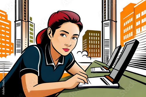 A female employee is operating a laptop in an electronics store. Comic Style Generative AI