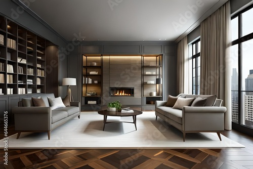 The living room interior in gray and brown tones features a gray sofa on a dark wood floor facing a stone fireplace with built-in shelves. 3d rendering © Nyetock