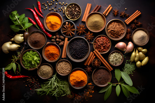 Set of assorted herbs and spices. Top view photography.