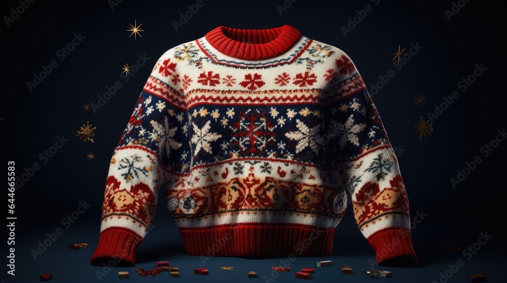 Image of a designer Christmas sweater with classic holiday motifs.