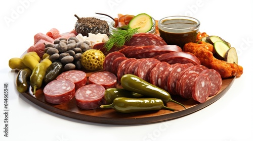 Image of an assortment of savory meats, sausages and delicious pickles.