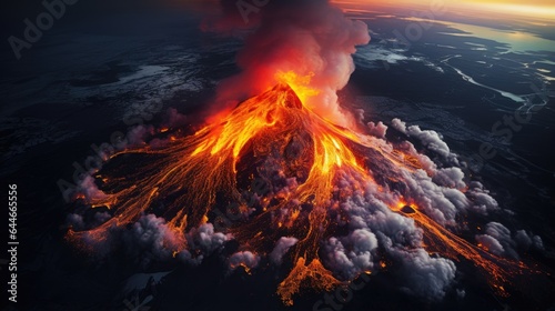 Image of a volcanic eruption from the air.