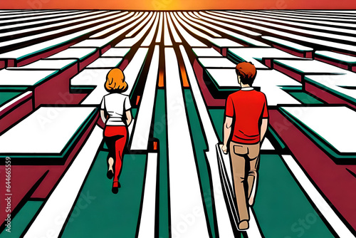 A man in red and a woman in white are walking on a large rectangular area. Comic style Generative AI