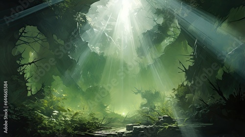 Image of a smoky atmosphere with rays of light on a green background. © kept