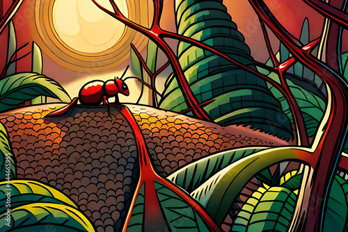 A red ant was walking on a tree branch among the bushes in the middle of the forest. Comic Style Generative AI