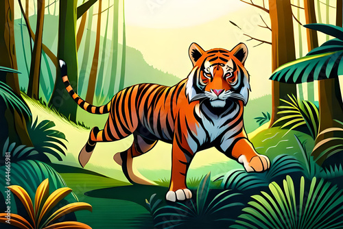 A tiger was walking around the forest while looking for prey that was spotted in the bushes. Comic style Generative AI