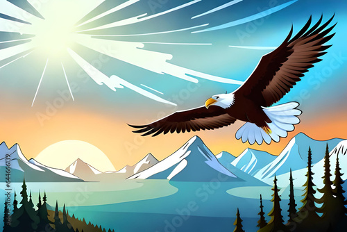 An eagle was flying over the hill circling while looking for prey for the day's meal. Comic style Generative AI