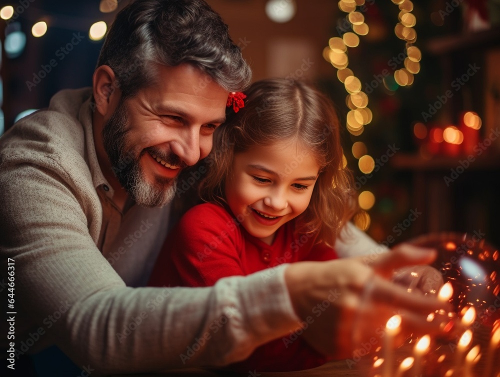 Generative AI : Smiling man with daughter touching christmas ornaments at home