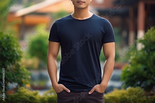 Generative AI : t-shirt design and people concept - close up of young man in blank black t-shirt, shirt front and rear isolated.