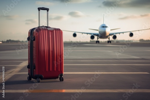 Generative AI : Suitcases in airport departure lounge, airplane in background, summer vacation concept, traveler suitcases in airport terminal waiting area.