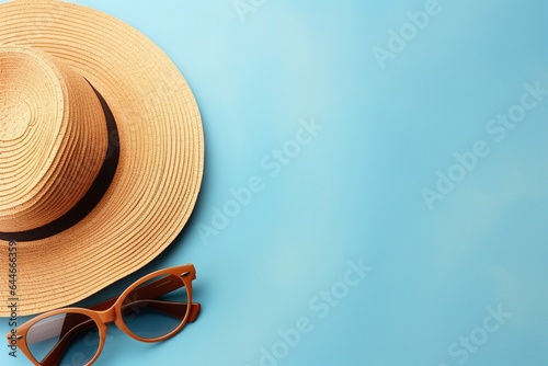 Generative AI : One straw hat sunglasses one luggage, summer flat lay isolated on pastel blue background