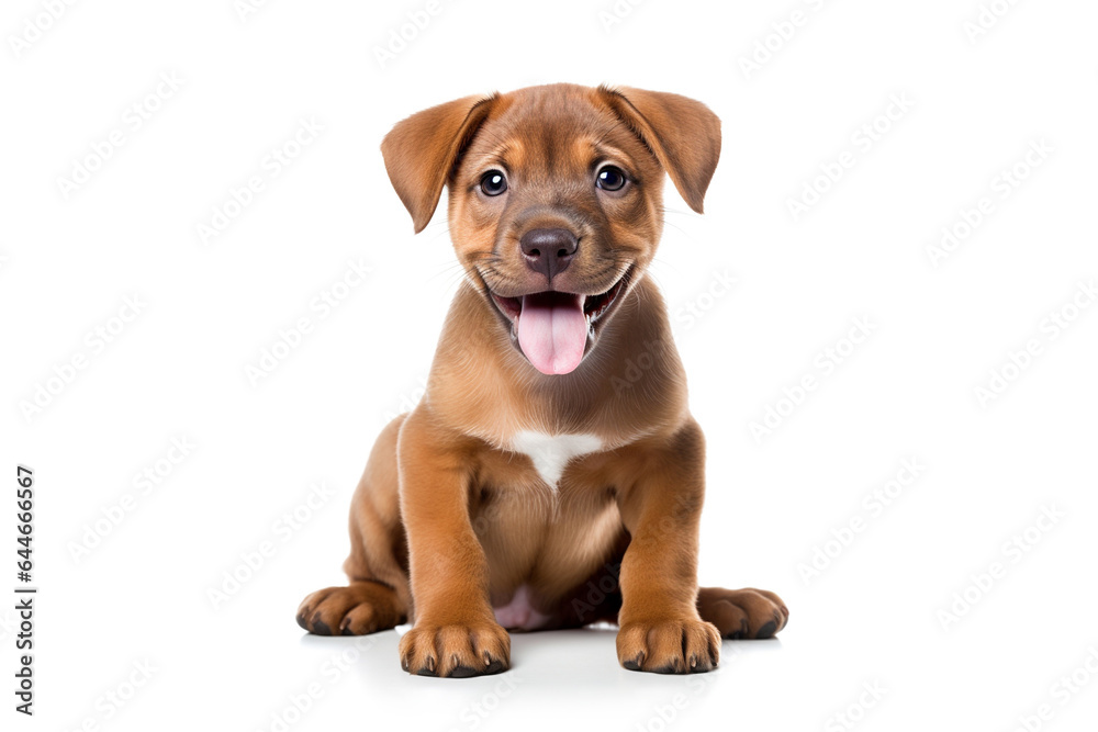 a Bordeaux puppy dog in front of a white background. 