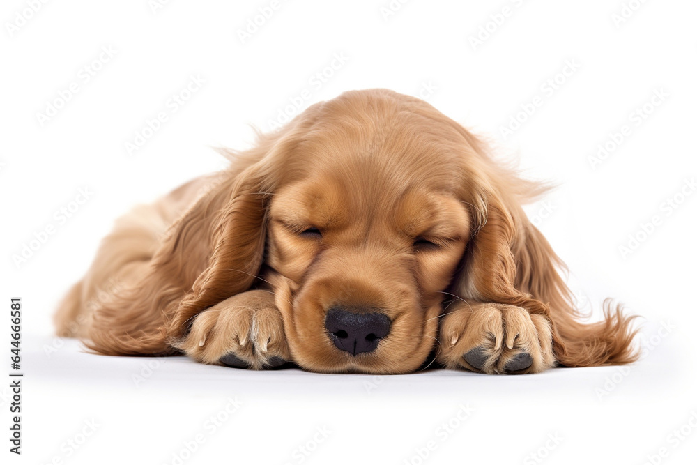 a long hair puppy Cocker Spaniel dog sleepy in front of a white background. 