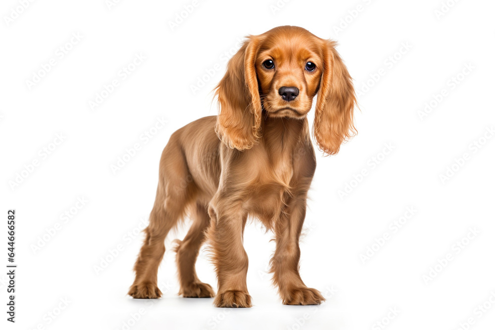 a long hair puppy Cocker Spaniel dog in front of a white background. 