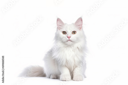 a White Maine coon kitten in front of a white background.  © NaphakStudio