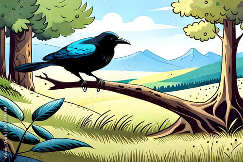 On the branch of a tree a blue bird perches with a view of the mountains in the distance. Comic style Generative AI