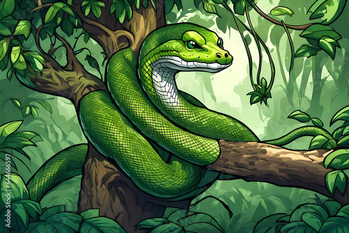On the branch of a large tree in a forest there is a green python coiled around while looking at its prey.Comic style Generative AI