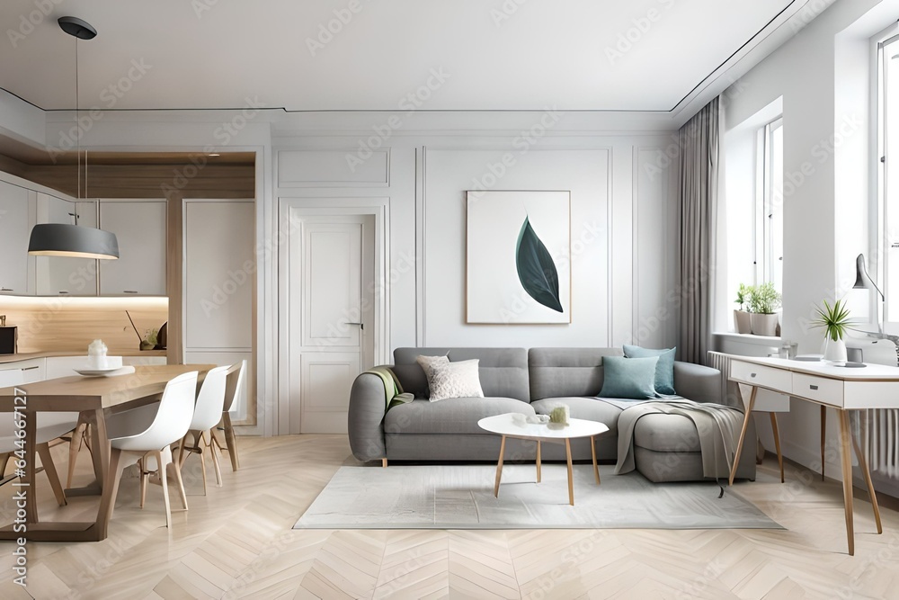 Fototapeta premium Spacious interior design of bright studio apartment in Scandinavian style and warm pastel tones of white and cream. Trendy furniture in the living room and modern details in the kitchen area.