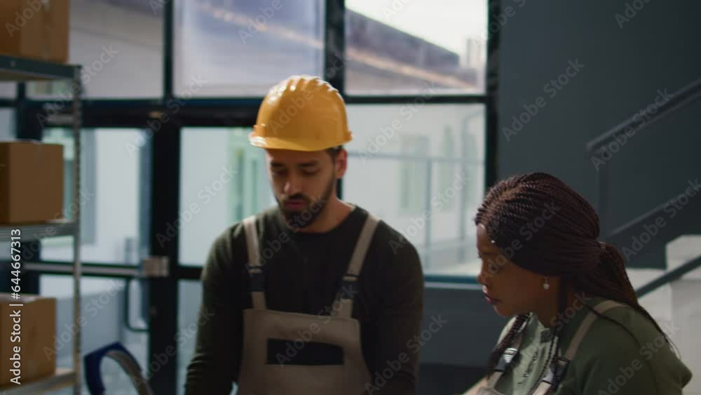 Dolly out shot of employees running warehouse inventory investigation
