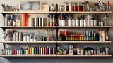 Wall shelves filled with art supplies like paints, brushes, and sketchbooks