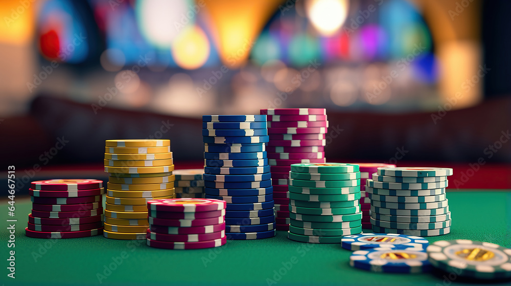 A tidy arrangement of poker chips in a variety of colors against the casino backdrop A tidy arrangement of poker chips in a variety of colors against the casino backdrop