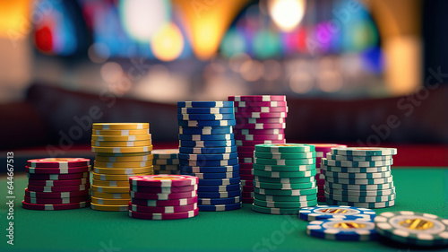 A tidy arrangement of poker chips in a variety of colors against the casino backdrop