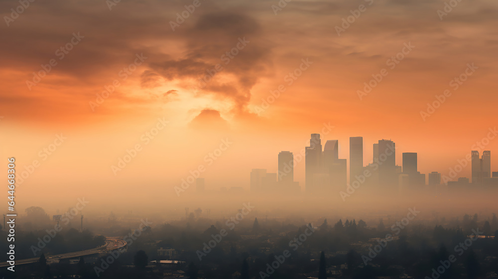 a cityscape with smog hanging over the skyline