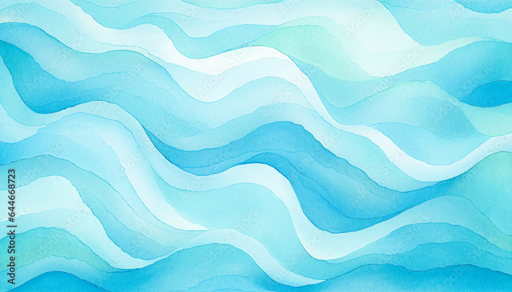 Ocean water waves illustration, blue wavy lines for copy space text. Teal lake wave flowing motion web banner. Sea foam watercolor effect backdrop. Pool water fun ripples abstract cartoon - obrazy, fototapety, plakaty 