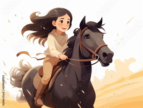 Generative AI : Youthful Adventure: 11-Year-Old Girl Riding a Brown Horse in Rural Countryside