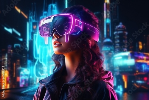Generative AI : Woman in virtual reality goggle in neon colors.