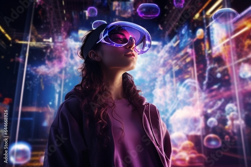 Generative AI : Woman in virtual reality goggle in neon colors.